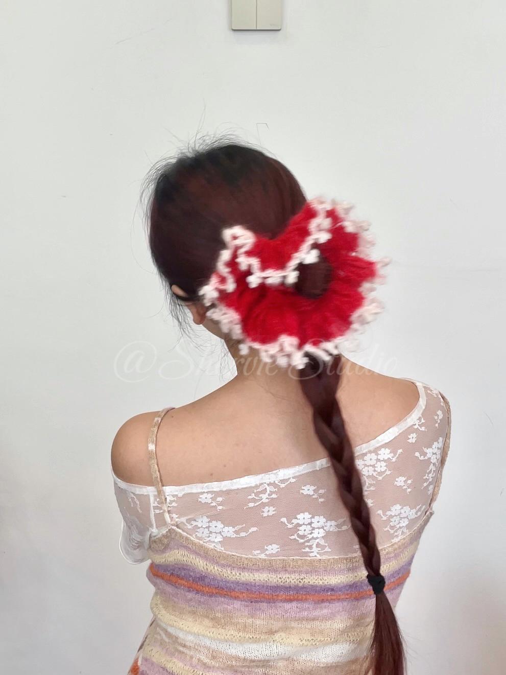 Handmade Crochet Scrunchie, Mixed Yarn Lace Hair Tie, Mohair Wool Cotton Ruffle Scrunchie, Coquette Balletcore Hair Accessory