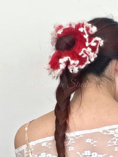 Handmade Crochet Scrunchie, Mixed Yarn Lace Hair Tie, Mohair Wool Cotton Ruffle Scrunchie, Coquette Balletcore Hair Accessory