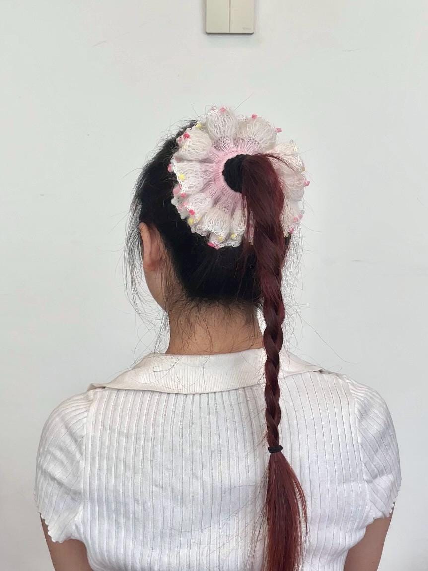 Handmade Crochet Scrunchie, Mixed Yarn Lace Hair Tie, Mohair Wool Cotton Ruffle Scrunchie, Coquette Balletcore Hair Accessory