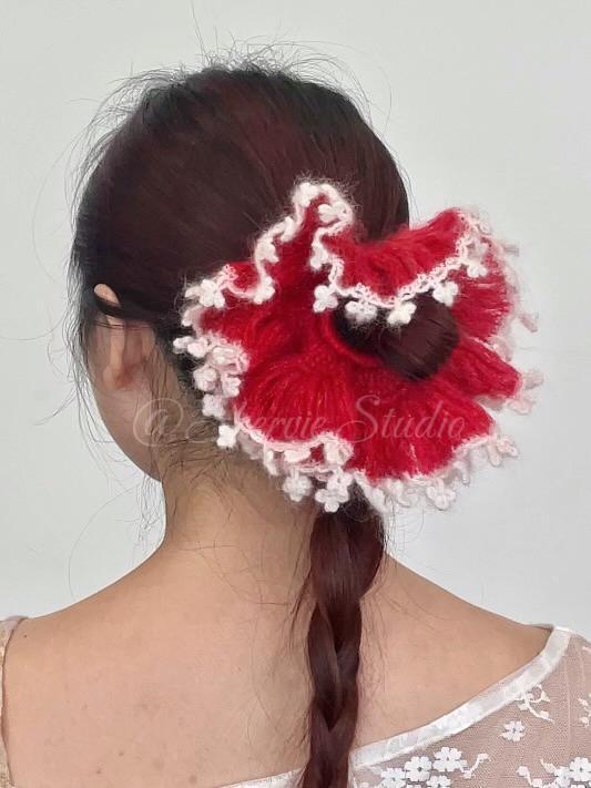 Handmade Crochet Scrunchie, Mixed Yarn Lace Hair Tie, Mohair Wool Cotton Ruffle Scrunchie, Coquette Balletcore Hair Accessory