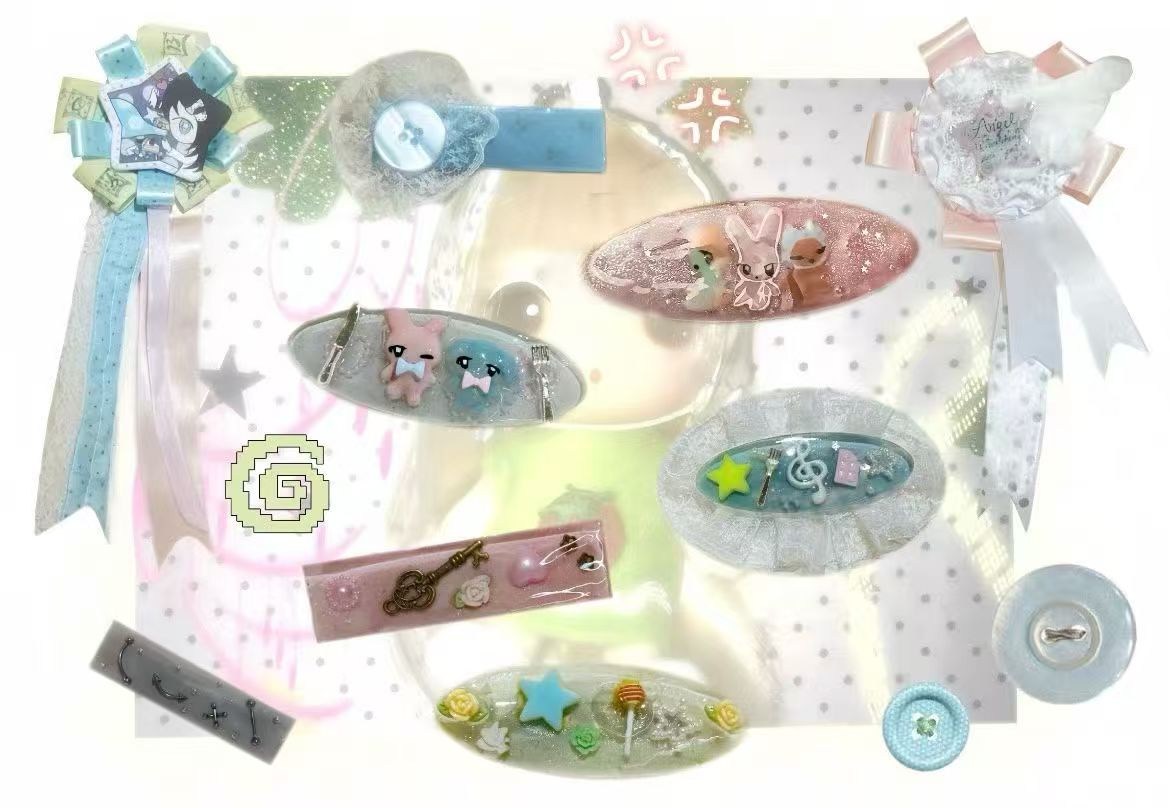 Collection of pastel handmade hair clips and textile accessories