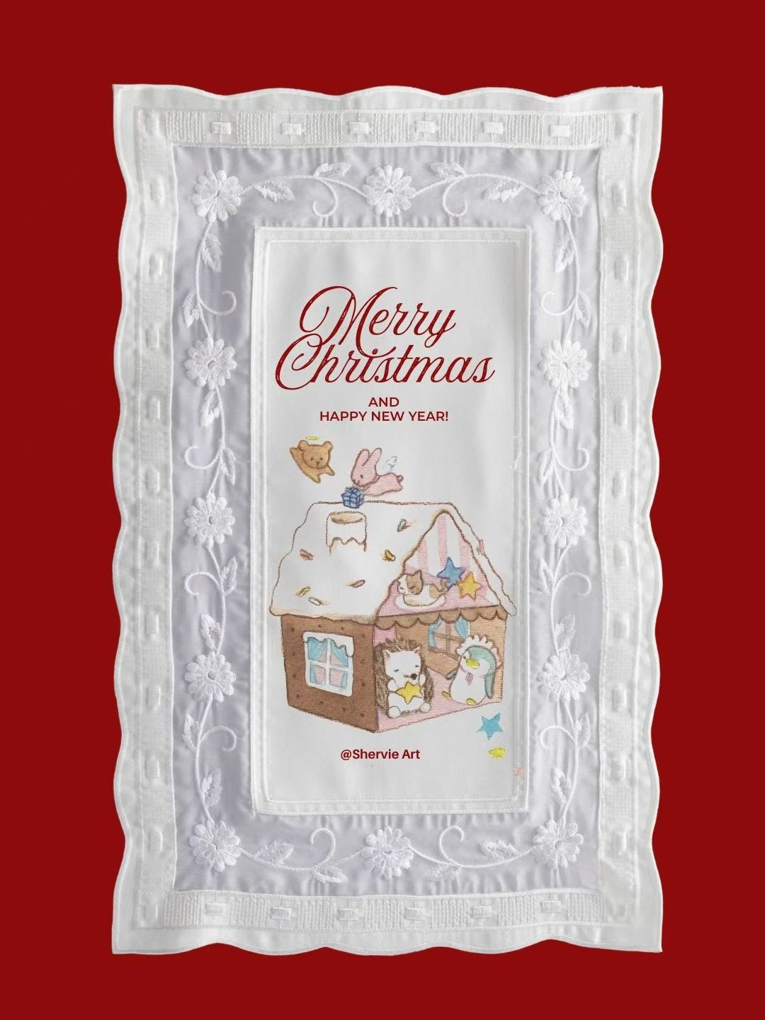 Seasonal illustration artwork on embroidered fabric