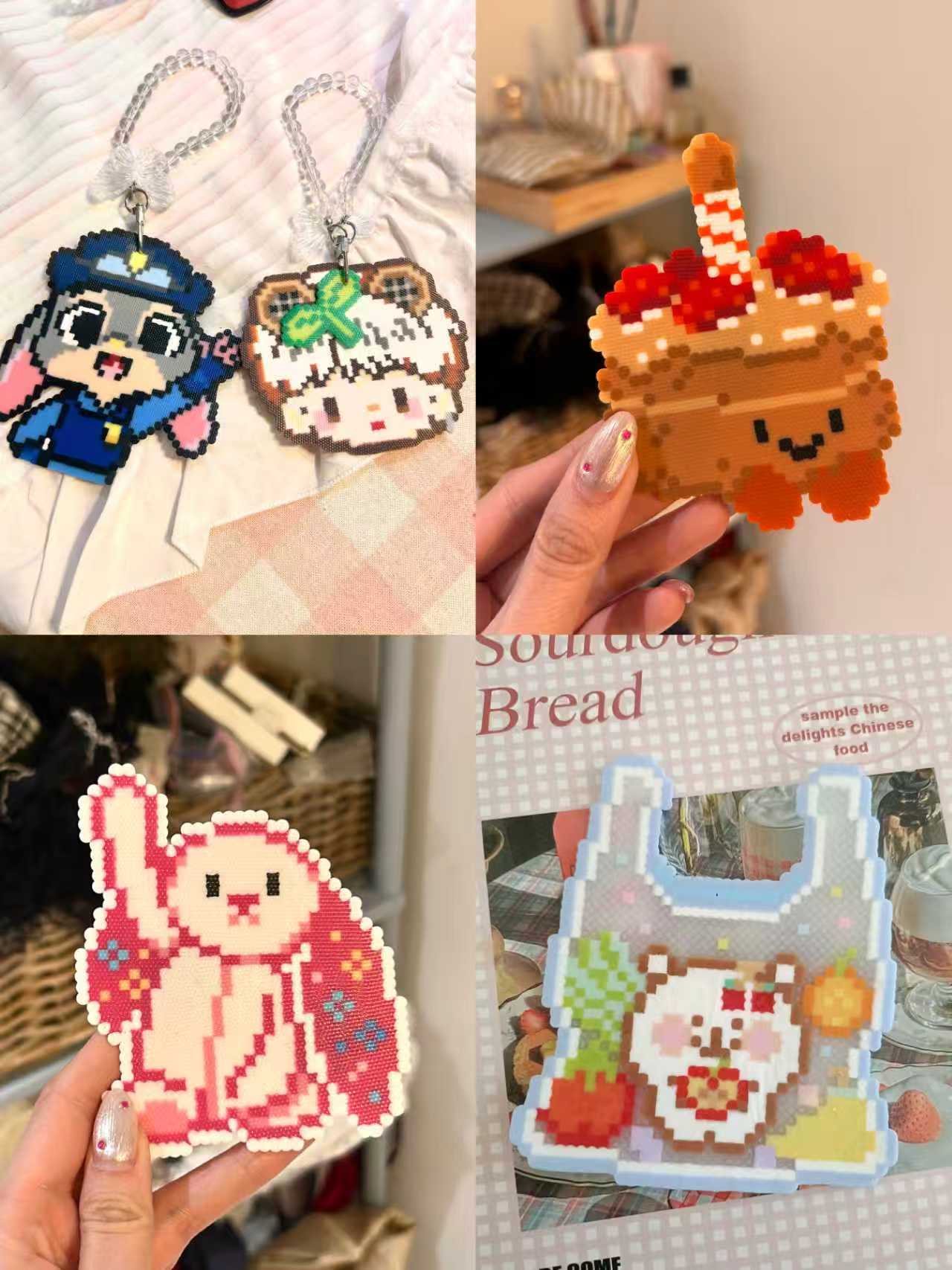 Finished pixel-style perler bead charms and decorative artworks
