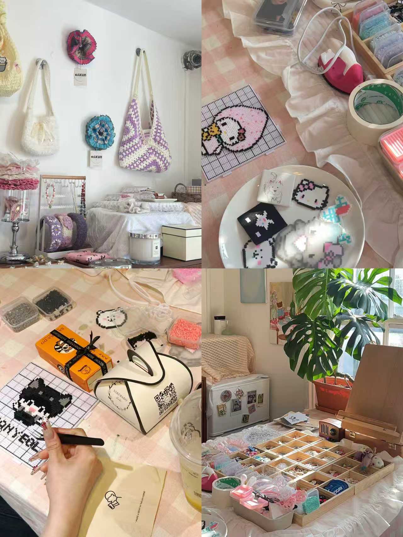 Perler bead workshop table and finished artworks in the Soho studio