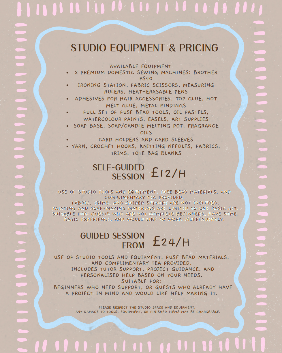Studio equipment and pricing poster including soap making materials