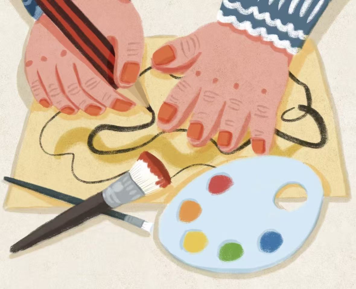 Illustration of hands painting on canvas with a palette and brushes