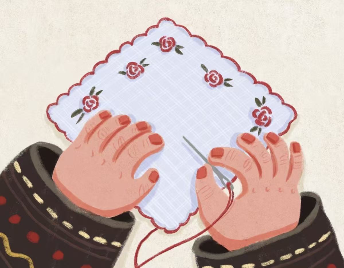 Illustration of hands sewing floral embroidery on fabric